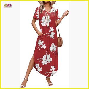 V-Neck Maxi Dress Summer Casual Floral Print Pockets Side Slit Vacation Ready